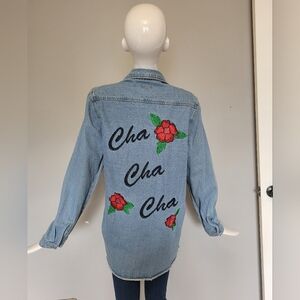 Hillary MacMillan Cha Cha Cha Embroidered Denim Shirt, VGUC, Size XL
